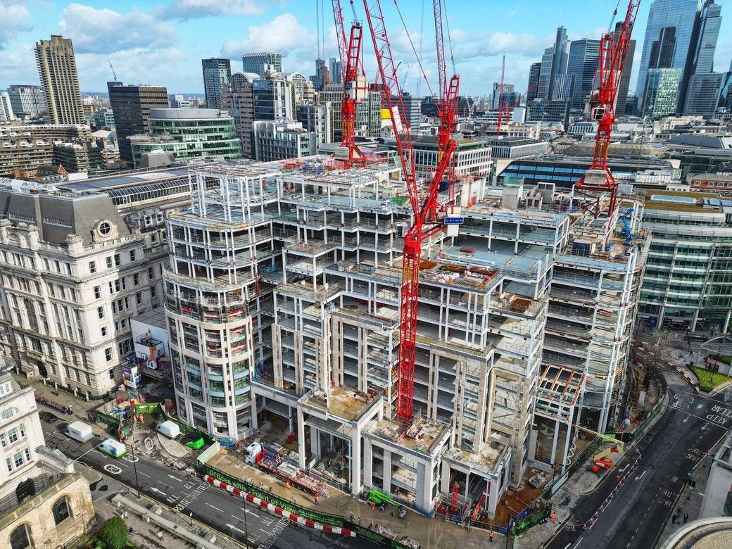 NEQ Regent's Place, Euston, London — Aerial view of the concrete and steel frame under construction