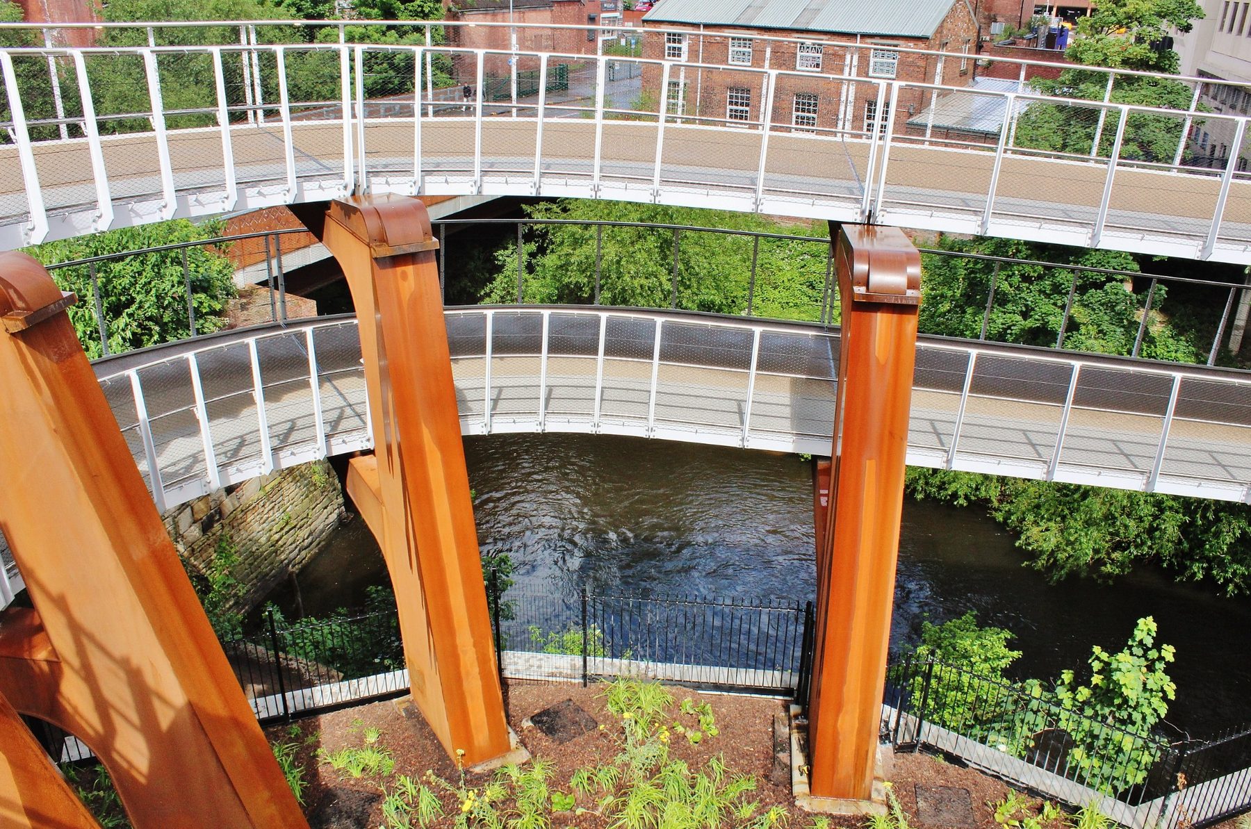 Stockport Interchange Cycle Ramp, Stockport, Greater Manchester — Elevated view of the cycle ramp over the River Mersey