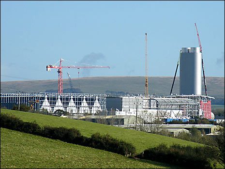Langage Energy Centre, Plymouth, Devon — Completed plant and exhaust stack viewed across the surrounding Devon landscape