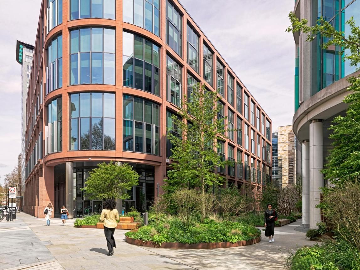 NEQ Regent's Place, Euston, London — Completed elevation and landscaped public realm