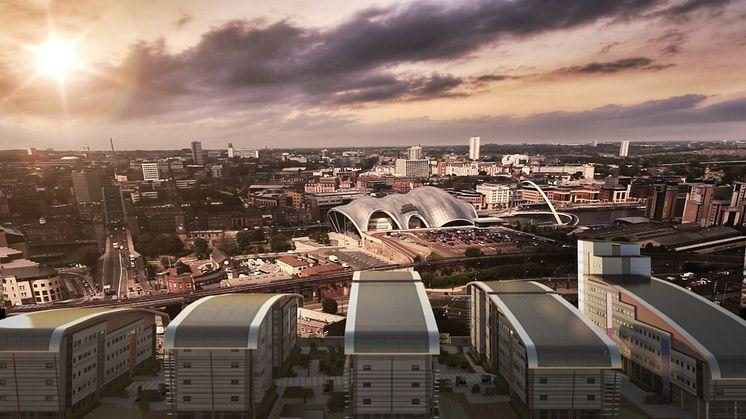 Trinity Square, Gateshead — Aerial visualisation of the development across the Tyne