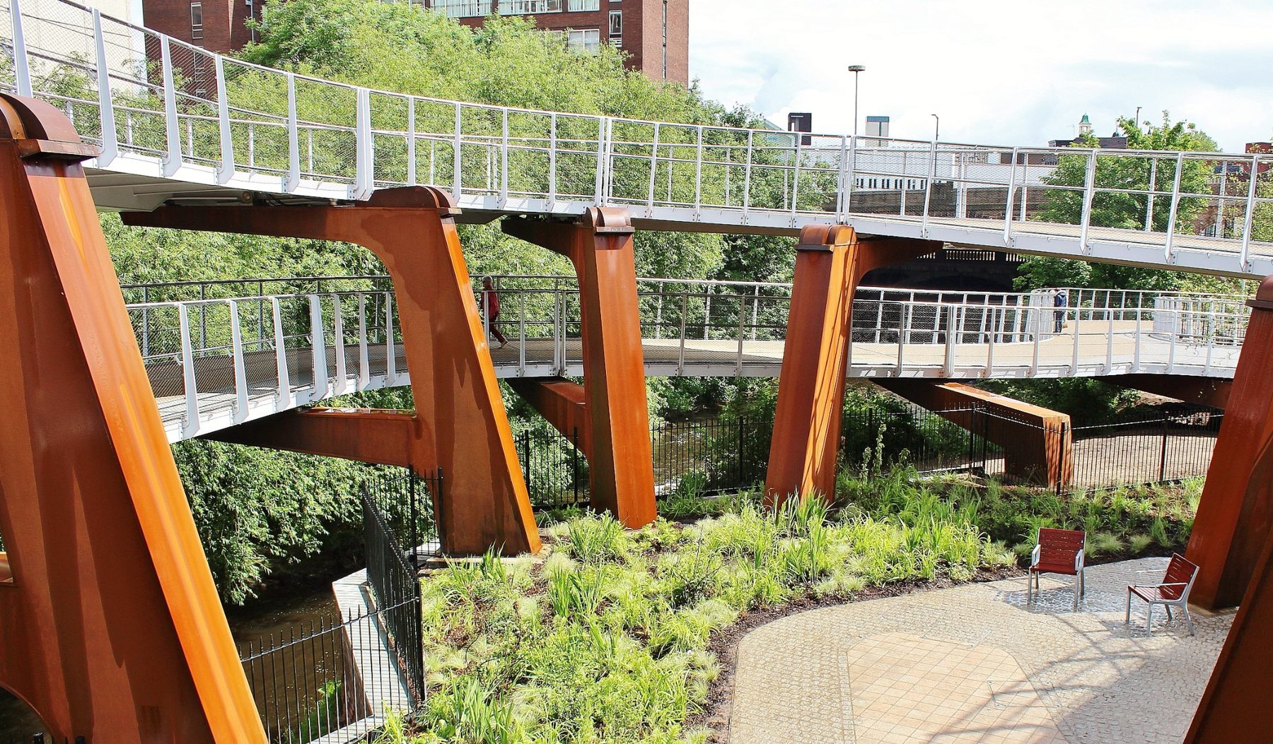 Stockport Interchange Cycle Ramp, Stockport, Greater Manchester — Underside of the ramp showing the weathering steel supports