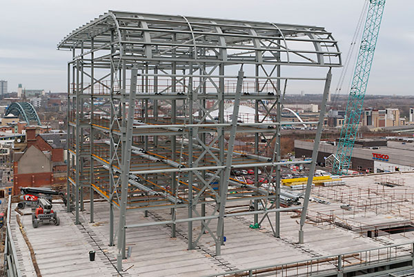 Trinity Square, Gateshead — Curved roof steelwork under construction